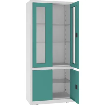 Kovová skříň, horní dveře prosklené, dolní plné, kovové police, dvoukřídlé dveře, š x h x v: 800x435x1800 mm, barva dveří zelená RAL6033