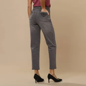 Dámské džíny Rovné 7/8 džíny s výšivkou šedá 42