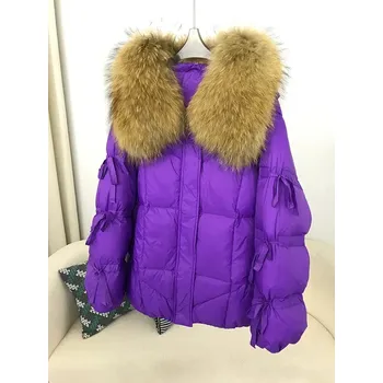 Dámská parka Péřová zimní bunda, kožešinový límec z pravého mývala Velikost: M, Barva (Varianta): purple natural