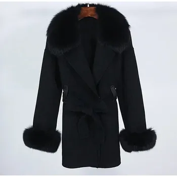 Dámský kabát Luxusní kabát kašmír a vlna s pravou kožešinou Barva: Černá, Velikost: M