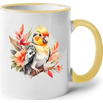 Keramický hrnek Papoušek kakadu, Barva Žlutá, Velikost 330 ml, Canvas Keramický hrnek s barevným uchem Bezvatriko.cz 2695