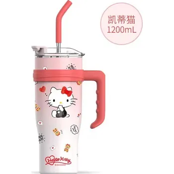 dětská jídelní sada Hello Kitty Dětský termohrnek - Hello Kitty, Kuromi, Cinnamoroll, Melody, nerezová ocel s brčkem (1200 ml) Barva: růžová (Hello Kitty)