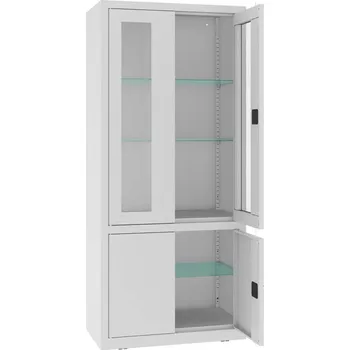 Kovová lékárenská skříň, horní dveře prosklené, dolní plné, skleněné police, dvoukřídlé dveře, š x h x v: 800x435x1800 mm, barva šedá RAL7035