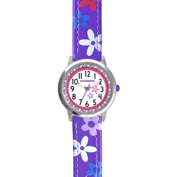 Hodinky CLOCKODILE Fialové náramkové dívčí dětské hodinky s kamínky a kytičkami CWG5201