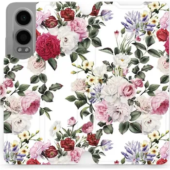 Pouzdro na mobilní telefon Flipové pouzdro Mobiwear - OnePlus Nord CE 4 Lite 5G - MD01S Růže na bílé (Knížkové flip pouzdro, obal, kryt na mobil OnePlus Nord CE 4 Lite 5G - MD01S Růže na bílé, materiál Umělá kůže + TPU - ochrana 360°, stojánek, silikonová vanička, magnetické zavírá