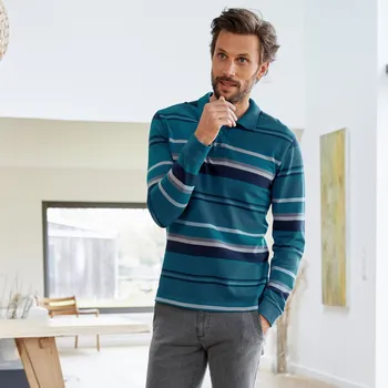 Pánské tričko Blancheporte Pruhované polo tričko s dlouhými rukávy tyrkysová 147/156 (5XL)