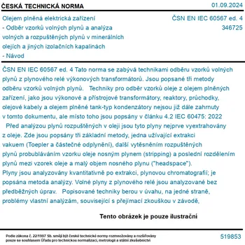 ČSN EN IEC 60567 ed. 4 - Olejem plněná elektrická zařízení - Odběr vzorků volných plynů a analýza volných a rozpuštěných plynů v minerálních olejích a jiných izolačních kapalinách - Návod - Tisk
