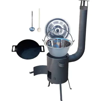 Kempingové nádobí Nerezový kotlík 22 L (0,8 mm) INOX + železná pánev 44 cm UNI + žáruvzdorná kotlina 42 cm PLUS 600 s roštem na popel 4 mm