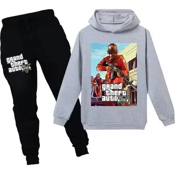 Pohodlná tepláková souprava s potiskem GTA 5 (Grand Theft Auto V) - 3 barevné varianty Barva: 18 (černé kalhoty + šedá mikina), Velikost: 150 (11-12 let)