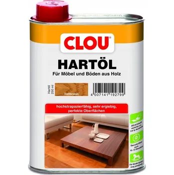barva a nátěr na dřevo Tvrdý olej na dřevo Clou Hartöl, světle hnědý, vytváří příjemný, hladký a vizuálně krásný povrch, který je odolný vůči vodě, nečistotám a domácím chemikáliím. Vhodný na hračky a dětský nábytek, různé velikosti balení.