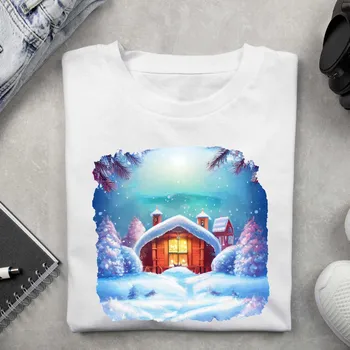 Dámské tričko Dámské tričko - Vánoční motiv chaloupka Barva: Bílá, Velikost: S