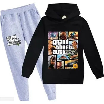 Pohodlná tepláková souprava s potiskem GTA 5 (Grand Theft Auto V) - 12 barevných variant Barva: 8 (šedé kalhoty + černá mikina), Velikost: 110 (4-5 let)