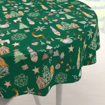 ubrus Vánoční bavlněný kulatý ubrus Sandra SA-508 Vánoční skřítci a ozdoby na zeleném Ø 100 cm