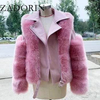 Dámská parka 2v1 zimní bunda kožený křivák + kožich Barva: Růžová, Velikost: S