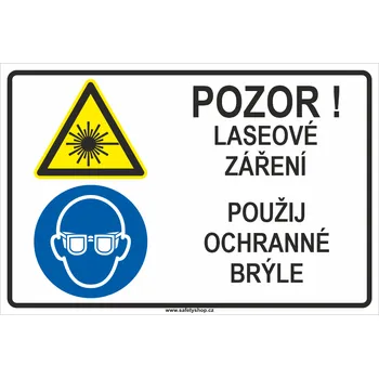 Značení Pozor! Laserové záření - Používej ochranné brýle ISO 7010 samolepící vinylová fólie 200x150 mm