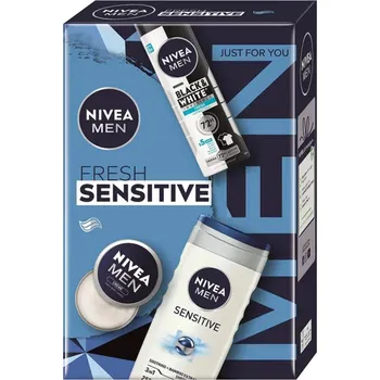 Nivea Men Fresh Sensitive Invisible Black & White Fresh antiperspirant sprej 150 ml + Nivea Men Sensitive sprchový gel 250 ml + Nivea Men Creme krém na obličej, tělo a ruce 30 ml, kosmetická sada pro muže
