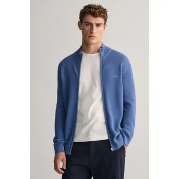 Pánské oblečení SVETR GANT COTTON PIQUE ZIP CARDIGAN DENIM BLUE MELANGE