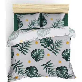 Povlečení Sada 4 ks bavlněného povlečení s přehozem Monstera zelená/bílá