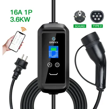 Nabíjecí stanice pro elektromobil Omnyx Cestovní nabíjecí stanice pro elektromobily do běžné zásuvky - 3,6 KW, Type 2, Bluetooth, WiFi, 5m, mobilní aplikace