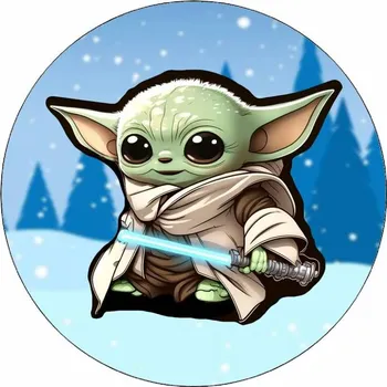Jedlá dekorace na dort Jedlý papír Mandalorian Baby Yoda v zimě 19,5 cm
