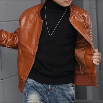 Dívčí bunda Chlapecká podzimní koženková bunda (zateplená/nezateplená) Barva: hnědá bez kožíšku, Velikost: 100 cm