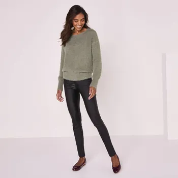 Dámský svetr Pulovr z úpletu s vlasem a krajkou na zádech khaki 38/40