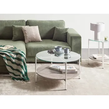 Obývací pokoj Konferenční stolek světlé dřevo stříbrný skleněná deska kulatý tvar kovový rám moderní styl obývací pokoj Beliani