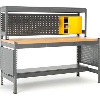 Dílenský stůl Pracovní stůl COMBO, deska s dubovým povrchem, panel na nářadí, žlutá skříňka, osvětlení