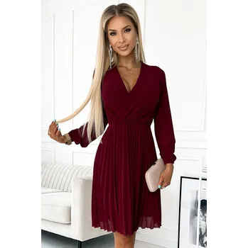 Dámské šaty 313-15 ISABELLE Plisované šaty s dlouhými rukávy a výstřihem - barva bordó XL
