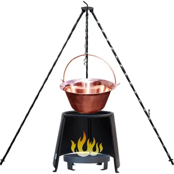 Kempingové nádobí Měděný kotlík 14 L (1,2 mm) + chránič plamene (Ohnisko) 37 cm + přenosné ohniště 36 cm + klasická ocelová trojnožka 1,2 m