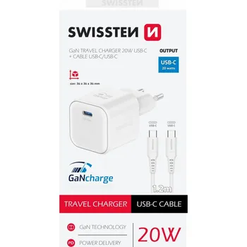 Rychlonabíječka Swissten vč. datového kabelu USB-C 1.2m 20W bílá