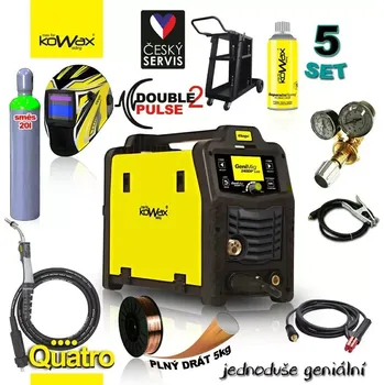 Svářečka KOWAX® GeniMig®240DP LCD MIG/MAG/LiftTIG/MMA SET05Q + SAMOSTMÍVACÍ KUKLA + LAHEV AR/CO2 20L + VENTIL + VOZÍK + DRÁT + HOŘÁK QUATRO