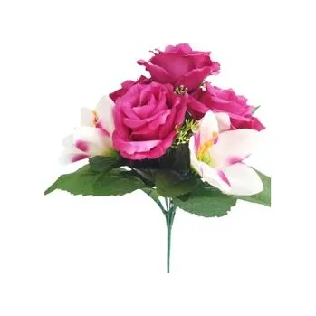 umělá květina Růže kytice s přízdobou, Barva fuchsiová H358