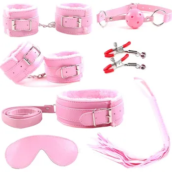 Bondage set z umělé kůže, 7 dílný – růžový