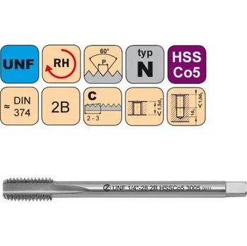 Závitořezný nástroj NÁSTROJE CZ Strojní závitník /CZZ3005/ pro americký unifikovaný jemný závit s přímou drážkou CZZ Závit: UNF 8-36-2B