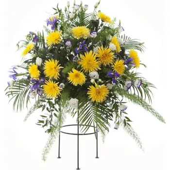 Smuteční dekorace Aranžmá žluté jednokvěté chryzantémy, eustoma a irisy