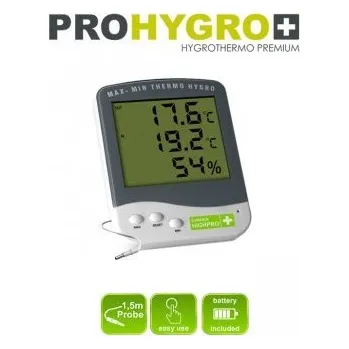 Digitální Thermo-Hygro metr PREMIUM se sondou (Prémiový měřič teploty a vlhkosti od Garden High Pro. Thermo-hygro metr PREMIUM se sondou je digitální teploměr a vlhkoměr.)