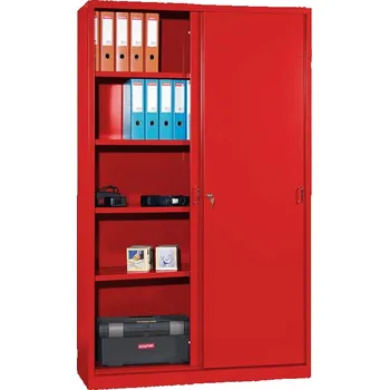 Kovová skříň s posuvnými dveřmi, v x š x h: 1990 x 1200 x 435 mm, barva červená RAL3020 / červená RAL3020