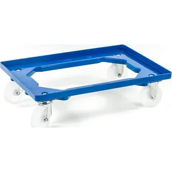 Plošinový vozík Podvozek pod EURO přepravky 600 x 400 mm, otevřený, 2 otočná a 2 pevná kola z plastu, barva modrá