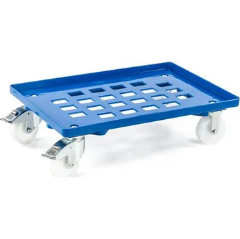 Plošinový vozík Podvozek pod EURO přepravky 600 x 400 mm, s mřížkou, 4 otočná kola z plastu (2 s brzdou), barva modrá