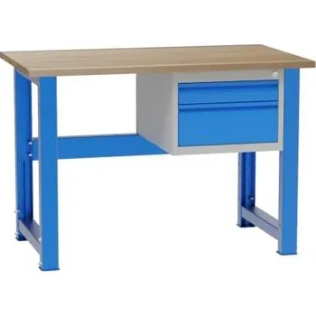 Dílenský stůl Dílenský stůl, výškově přestavitelný, d x h x v: 1200x700x827-1027 mm, barva modrá RAL5012, 2 zásuvky