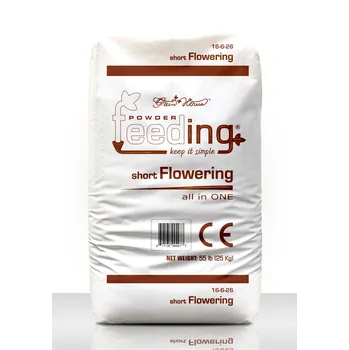 Hnojivo Green House Feeding - Short Flowering 25kg, květové hnojivo (Rostliny s krátkou dobou kvetení – 8 týdnů a méně, potřebují vyšší množství okamžitě využitelného draslíku k produkci většího a těžšího množství ovoce a květin v kratším časovém období.)