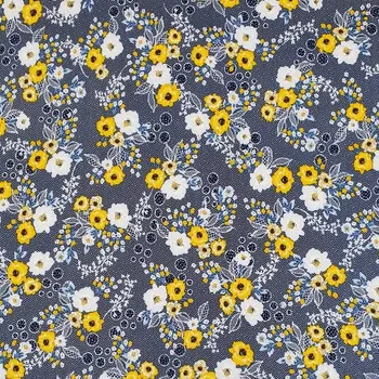 Úplet modrý, bílé tečky, žluto-bílé květy, š.150
