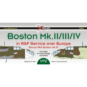 Plastikový model DK decals 1/72 Boston Mk.II/III/IV in RAF o.Europe(14x camo)