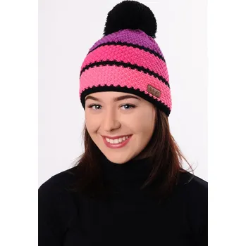 Čepice R-JET Růžová dámská zimní pletená čepice s barevnými pruhy a s bambulí