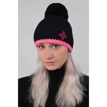 Čepice R-JET Černá dámská zimní pletená čepice s růžovým proužkem a s bambulí