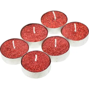 Svíčka Čajové svíčky s červeným glitrem - 6 ks