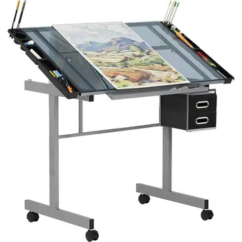 Kreslicí stůl Rýsovací naklápěcí stůl se skleněnou stolovou deskou 79,5 x 104 x 61,5 cm šedý/černý