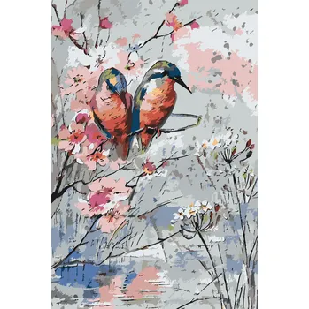 Malování podle čísel - Ptáci na větvičce Velikost: 40x60cm, Rámování: Pouze srolované plátno