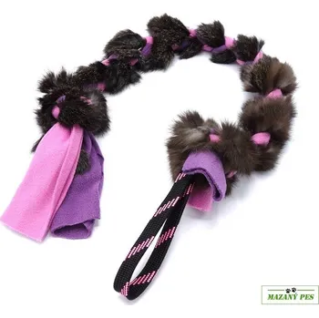 Hračka pro psa Pískací potvůrky Fleecové přetahovadlo s králičí kožešinou 75cm růžovo/fialová